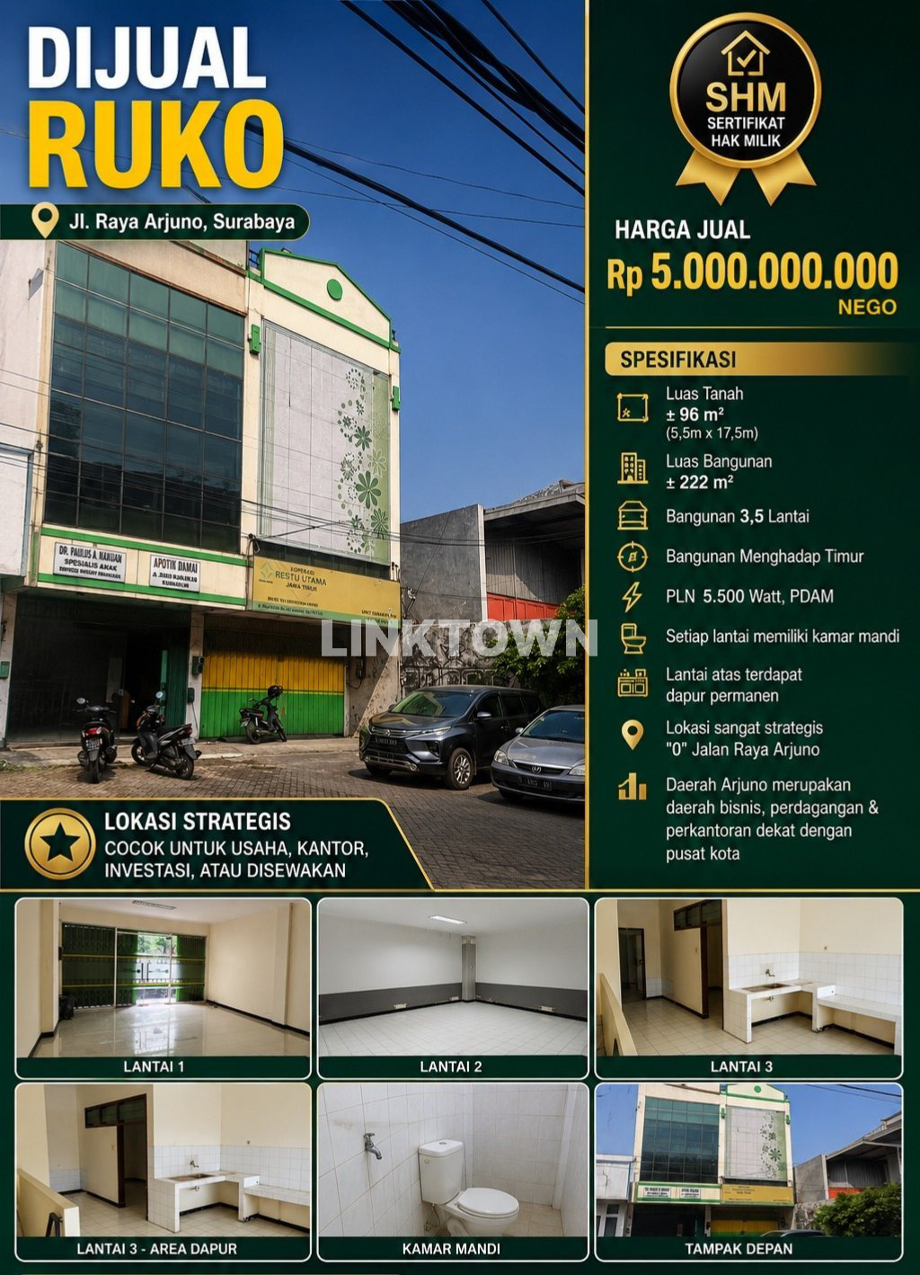 Ruko 3,5 Lantai Strategis Tengah Kota Surabaya di Jalan Arjuno
